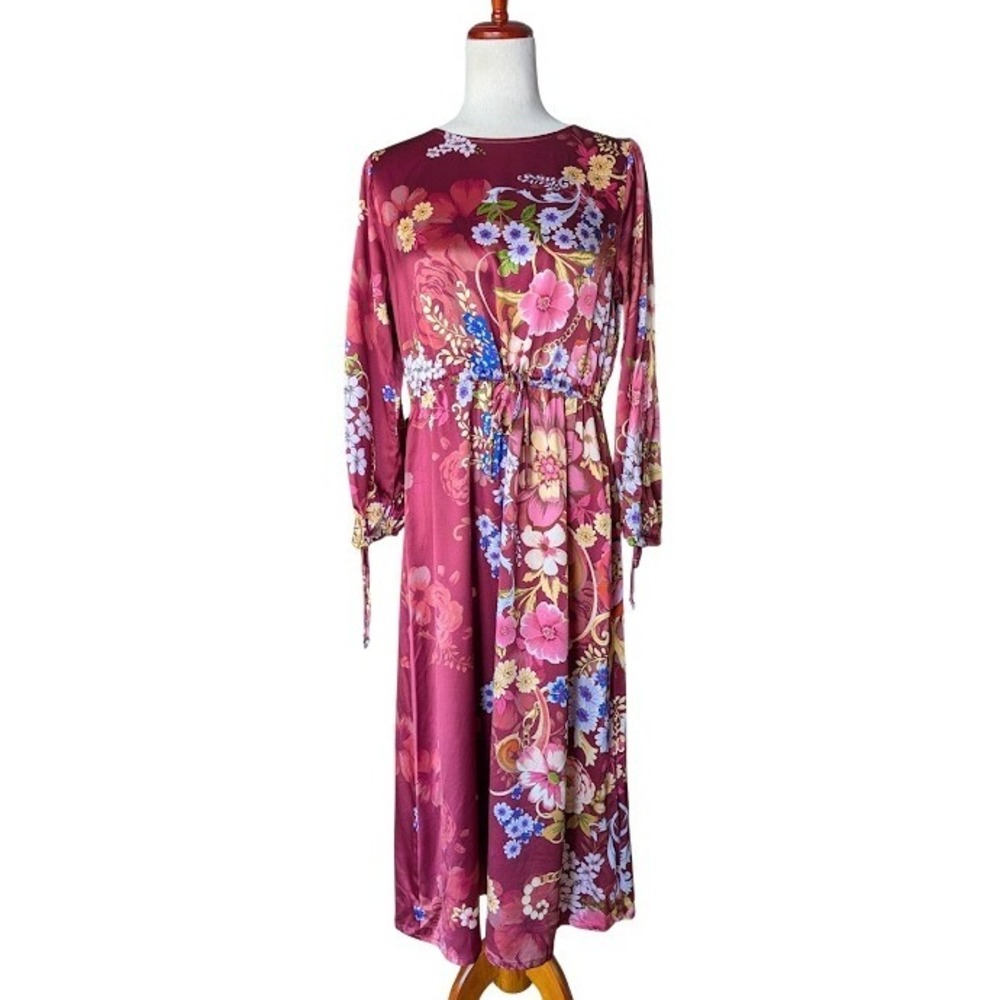 Johnny Was Lorella Dress Rolanda Multi Silk Floral Midi Burgundy Small C33225-9